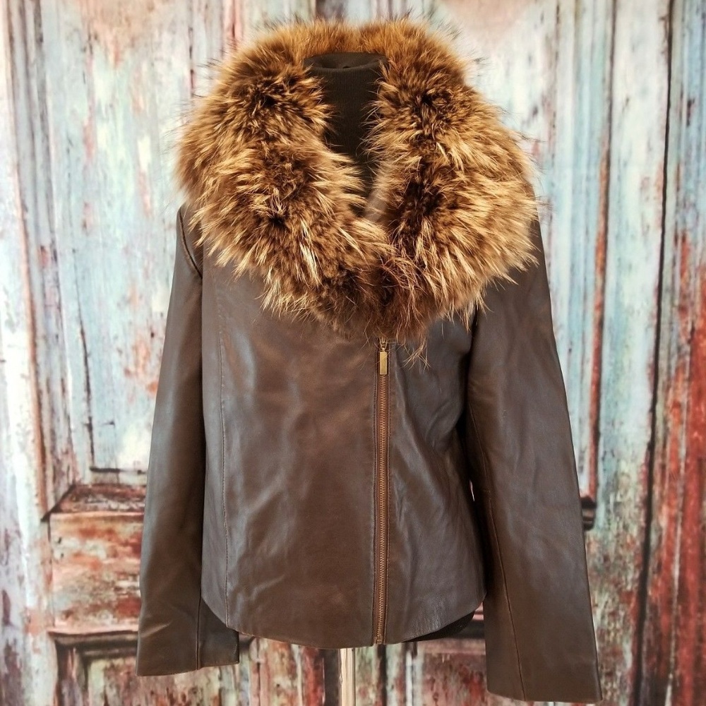 Lambskin leather moto jacket raccoon fur collar M